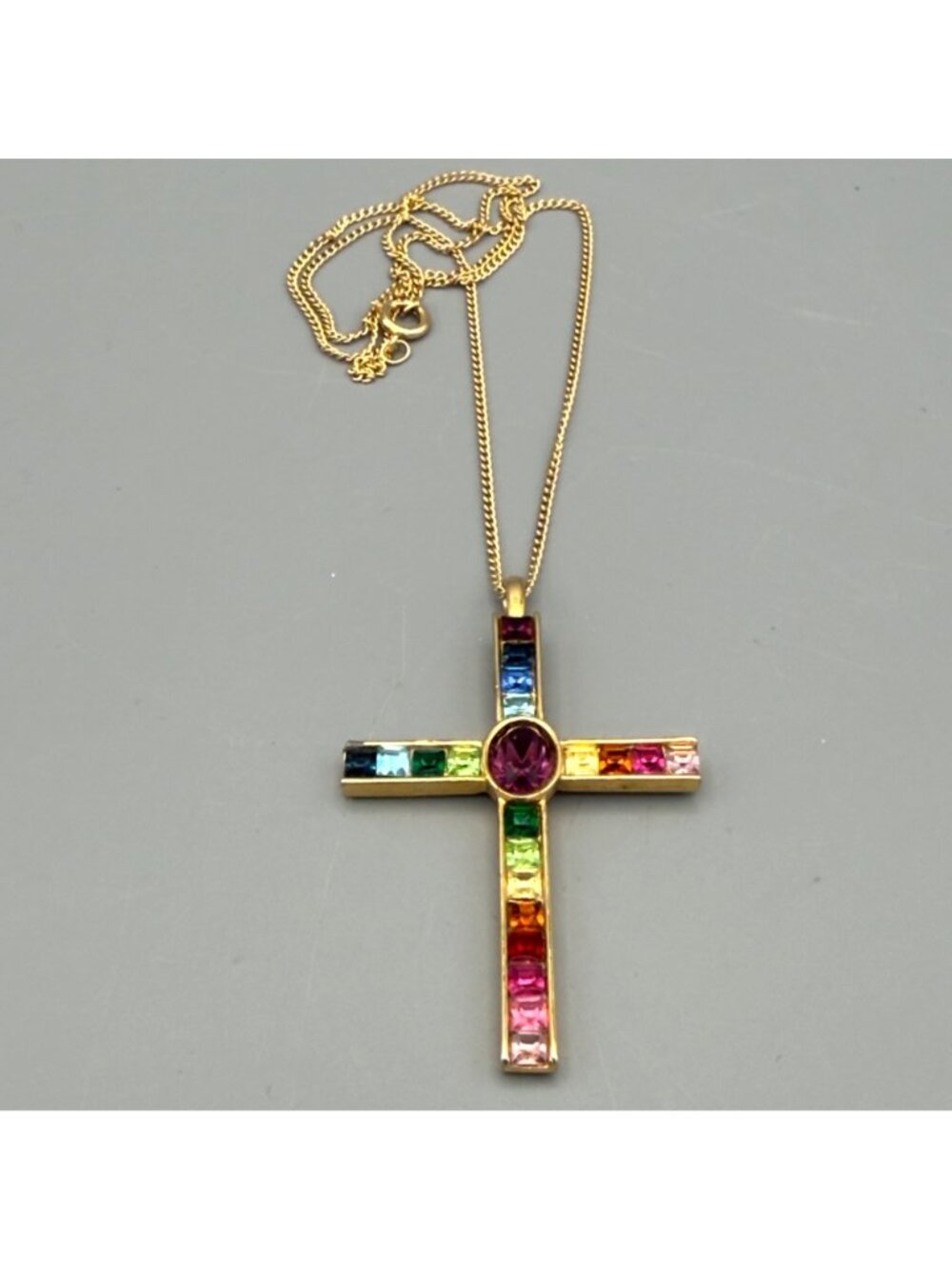 Vintage P S Co 1998 Gold Tone Multicolor Crystal Cross Pendant Necklace Rainbow - Picture 10 of 15